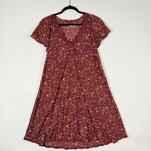 Esprit Women XS Dress Burgundy Floral‎ Lace Trim Short Sleeve Cottagecore Y2K